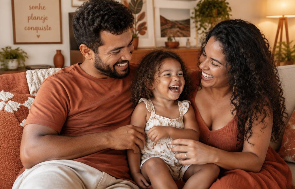 Família sorrindo junta no sofá